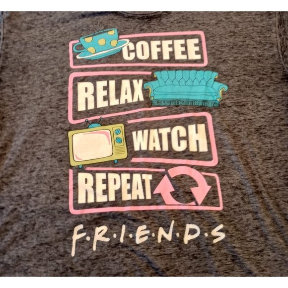 FRIENDS "Coffee Relax Watch Repeat" Dark Gray Ladies T-Shirt Size MEDIUM - Picture 2 of 3